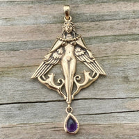 Freya Norse Love Goddess Pendant Bronze w/ genuine Amethyst Gemstone