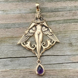 Freya Norse Love Goddess Pendant Bronze w/ genuine Amethyst Gemstone