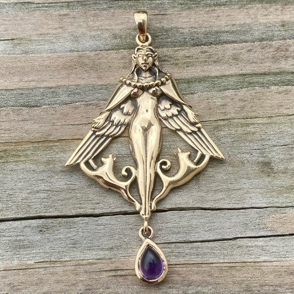 Freya Norse Love Goddess Pendant Bronze w/ genuine Amethyst Gemstone