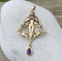 Freya Norse Love Goddess Pendant Bronze w/ genuine Amethyst Gemstone