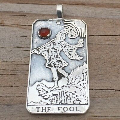 Sterling Silver The Fool Tarot Card Pendant - 0 in the Major Arcana. Set with genuine natural Carnelian gemstone