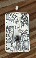 Tower Tarot Card Pendant .925 Sterling Silver w/ Genuine Garnet - Remove Obstacles