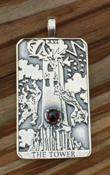 Tower Tarot Card Pendant .925 Sterling Silver w/ Genuine Garnet - Remove Obstacles