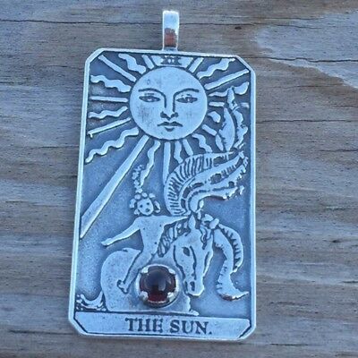 Sun Tarot Card Pendant Sterling Silver w/ Genuine Garnet gem Prosperity Success