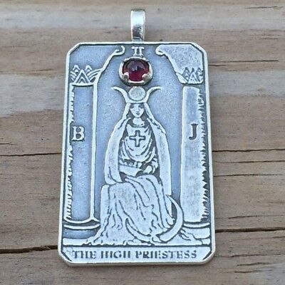 High Priestess Tarot card Pendant .925 Sterling Silver Priestess Tarot Card Pendant with genuine garnet gemstone
