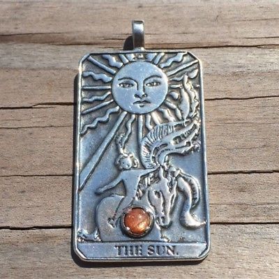 Sun Tarot Card Pendant Sterling Silver w/ Genuine Sunstone Prosperity Success
