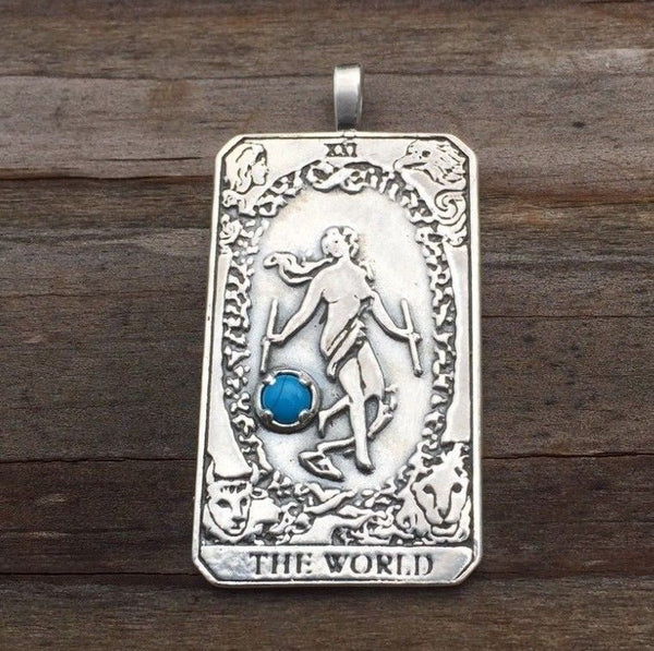 World Tarot Card Pendant .925 Sterling Silver w/ Genuine Turquoise gemstone