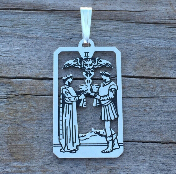 Two of Cups Tarot Card Pendant .925 Sterling Silver - Sacred Marriage Love Tarot Pendant