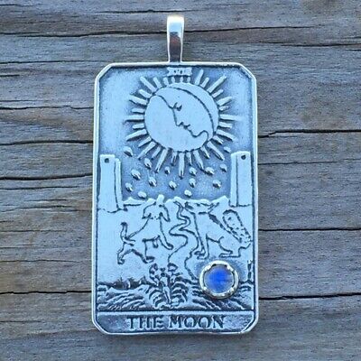 Moon Tarot Card Pendant .925 Sterling Silver w/ Genuine Rainbow Moonstone gem