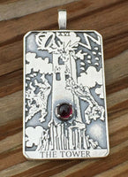 Tower Tarot Card Pendant .925 Sterling Silver w/ Genuine Garnet - Remove Obstacles