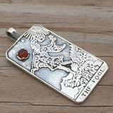 Sterling Silver The Fool Tarot Card Pendant - 0 in the Major Arcana. Set with genuine natural Carnelian gemstone