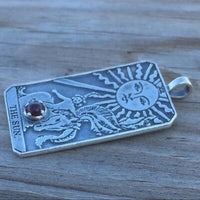 Sun Tarot Card Pendant Sterling Silver w/ Genuine Garnet gem Prosperity Success USA