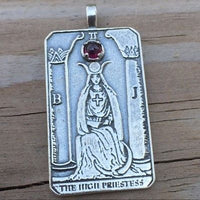 HIGH PRIESTESS Tarot Card Pendant .925 Sterling Silver w/ Natural Garnet gem USA
