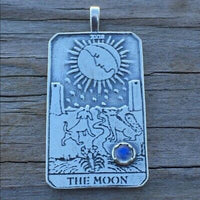 Moon Tarot Card Pendant .925 Sterling Silver w/ Genuine Rainbow Moonstone gem USA