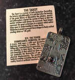 Tower Tarot Card Pendant .925 Sterling Silver w/ Genuine Garnet - Remove Obstacles USA