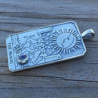 Moon Tarot Card Pendant .925 Sterling Silver w/ Genuine Rainbow Moonstone gem USA