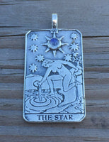 Star Tarot Card Pendant .925 Sterling Silver with natural Rainbow Moonstone gemstone