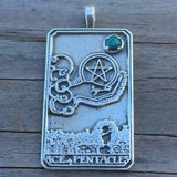 Ace of Pentacles Good Fortune Tarot Pendant with genuine chrysocola gemstone