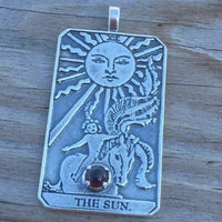 Sun Tarot Card Pendant Sterling Silver w/ Genuine Garnet gem Prosperity Success USA