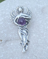 Dream Angel Pendant .925 Sterling Silver w/ genuine Natural Amethyst gem Made in USA