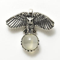 Great Horned Owl Pendant .925 Sterling Silver w/ Genuine Moonstone gemstone