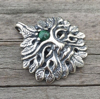 Green Man Pendant .925 Sterling Silver w/ Genuine Malachite