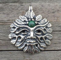 Green Man Pendant .925 Sterling Silver w/ Genuine Malachite gemstone USA