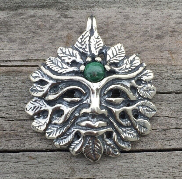 Green Man Pendant .925 Sterling Silver w/ Genuine Malachite gemstone USA