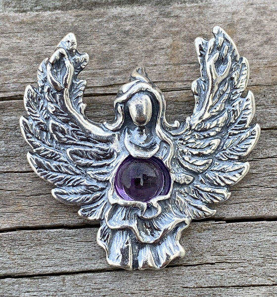 Guardian Angel Pendant .925 Sterling Silver Genuine Amethyst Angelic Blessings USA