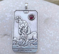 Strength Tarot Card Pendant .925 Sterling Silver w/ genuine Garnet gemstone 