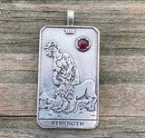 Strength Tarot Card Pendant .925 Sterling Silver w/ genuine Garnet gemstone Made in USA