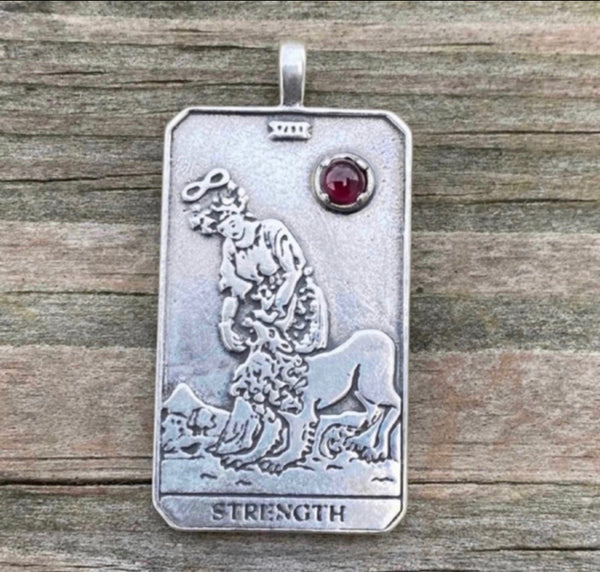Strength Tarot Card Pendant .925 Sterling Silver w/ genuine Garnet gemstone Made in USA