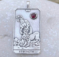 Strength Tarot Card Pendant .925 Sterling Silver w/ genuine Garnet gemstone Made in USA