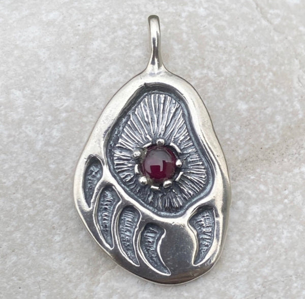 Black Bear Track Pendant .925 Sterling Silver w/ genuine Garnet Made in USA