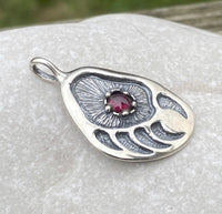 Black Bear Track Pendant .925 Sterling Silver w/ genuine Garnet Made in USA