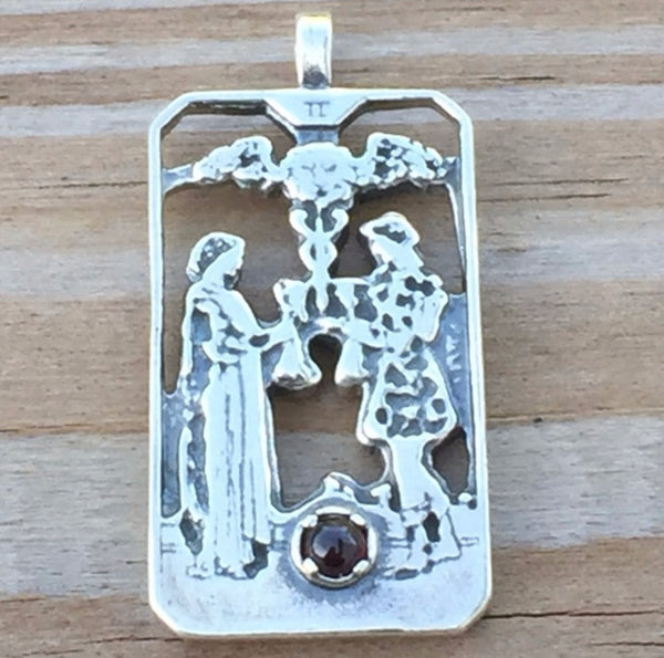 Two of Cups Tarot Card Pendant .925 Sterling Silver with Genuine Garnet gemstone