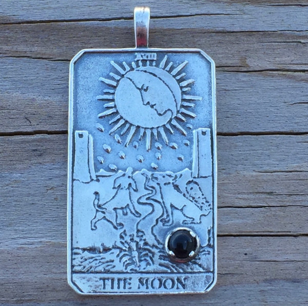Moon Tarot Card Pendant .925 Sterling Silver with genuine Black Onyx gemstone