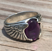 Large Eagle Wing Ring .925 Sterling Silver with Genuine Amethyst Gemstone Made in the USA