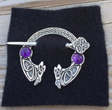 Celtic Raven Brooch .925 Sterling Silver Medieval Cloak Pin w/ Genuine Amethyst gemstones Made in the USA