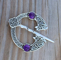 Celtic Raven Brooch .925 Sterling Silver Medieval Cloak Pin w/ Genuine Amethyst gemstones Made in the USA