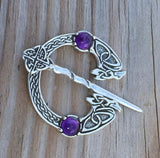 Celtic Raven Brooch .925 Sterling Silver Medieval Cloak Pin w/ Genuine Amethyst gemstones Made in the USA