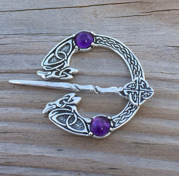 Celtic Raven Brooch .925 Sterling Silver Medieval Cloak Pin w/ Genuine Amethyst gemstones