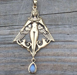 FREYA NORSE Love Goddess Pendant in Bronze - Viking QUEEN Amulet with Rainbow Moonstone