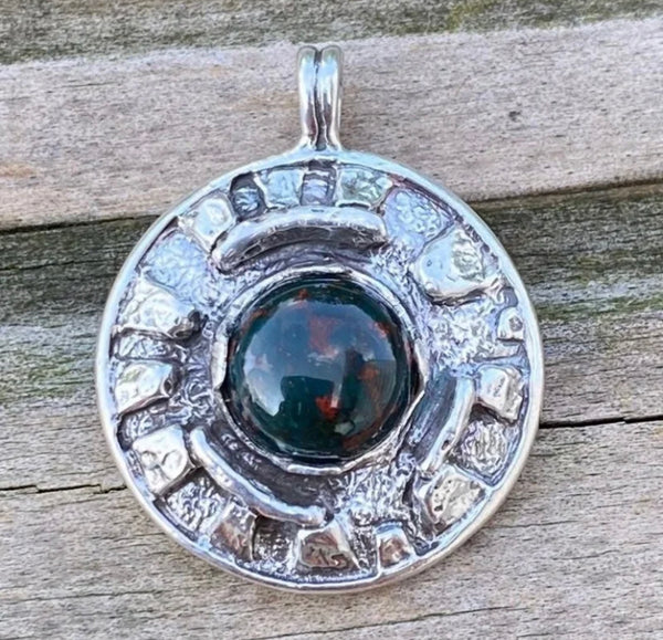 Sacred MYSTERIES of STONEHENGE Pendant .925 Sterling Silver with Natural Bloodstone Heliotrope USA