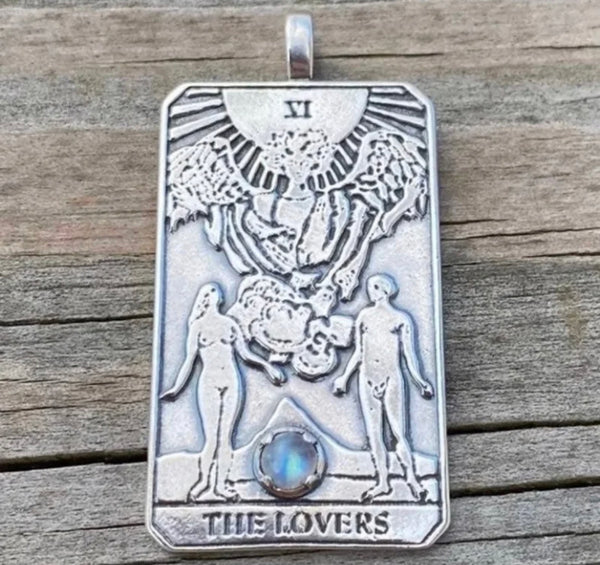 Lovers Tarot Card Pendant .925 Sterling Silver w/ Genuine Rainbow Moonstone gemstone USA