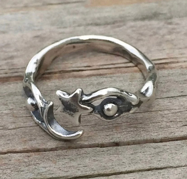 Moon Dancer Night Goddess Ring .925 Sterling Silver Adjustable Moon and Star Ring USA