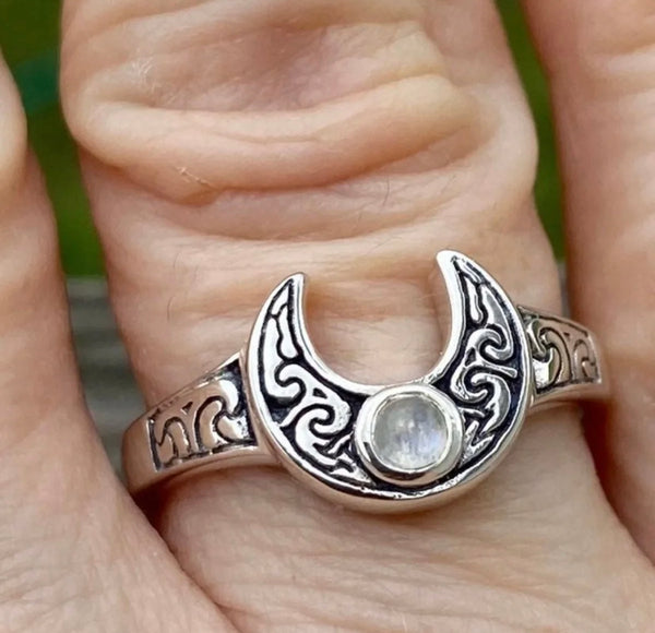 Horns Of Isis Moon Ring .925 Sterling Silver w/ genuine Rainbow Moonstone