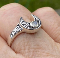 Horns Of Isis Moon Ring .925 Sterling Silver w/ genuine Rainbow Moonstone