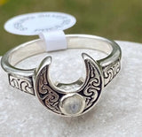 Horns Of Isis Moon Ring .925 Sterling Silver w/ genuine Rainbow Moonstone