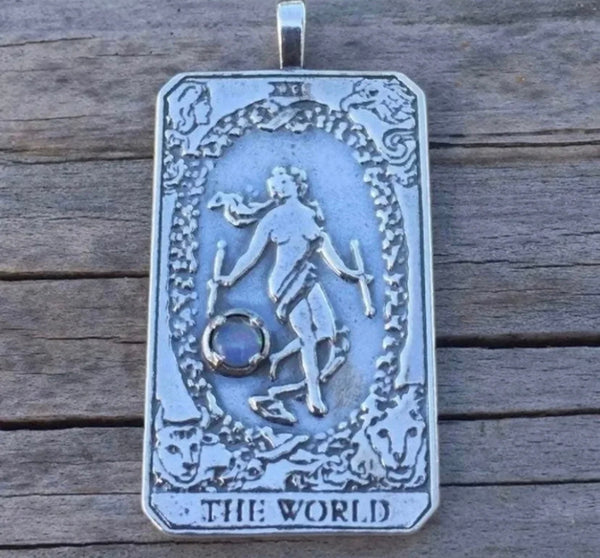 World Tarot Card Pendant .925 Sterling Silver w/ Genuine Opal Triplet gemstone